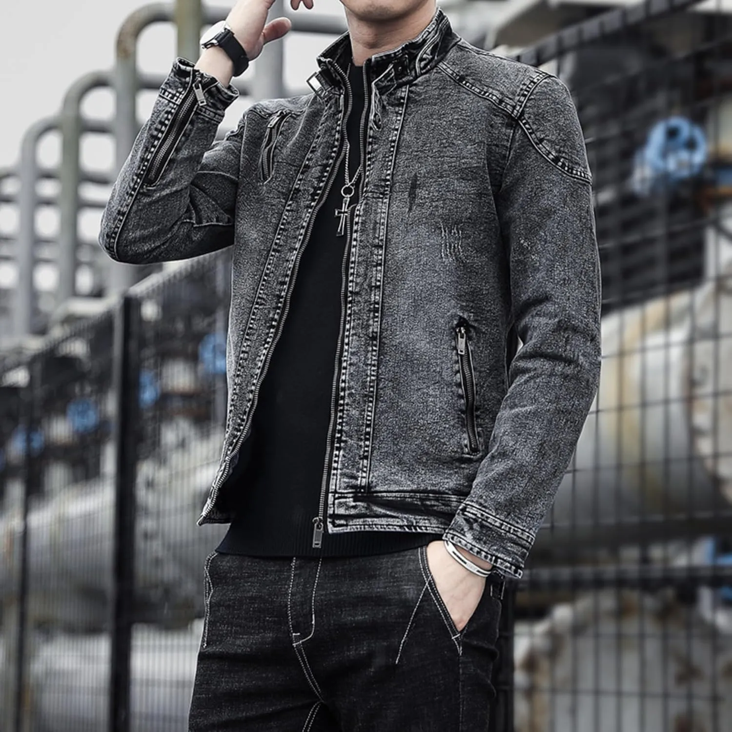 Maiyifu-GJ Men's Winter Stand Collar Distressed Jean Jacket Fleece Lined Denim Jacket Slim Fit Zipper Warm Moto Trucker Coat (BlackA1,XX-Large)