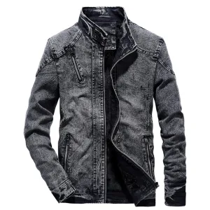 Maiyifu-GJ Men's Winter Stand Collar Distressed Jean Jacket Fleece Lined Denim Jacket Slim Fit Zipper Warm Moto Trucker Coat (BlackA1,XX-Large)