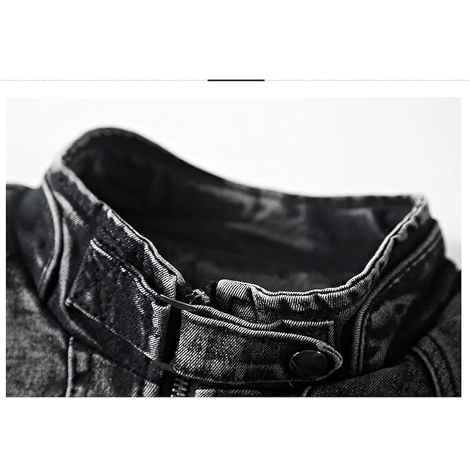 Maiyifu-GJ Men's Winter Stand Collar Distressed Jean Jacket Fleece Lined Denim Jacket Slim Fit Zipper Warm Moto Trucker Coat (BlackA1,XX-Large)