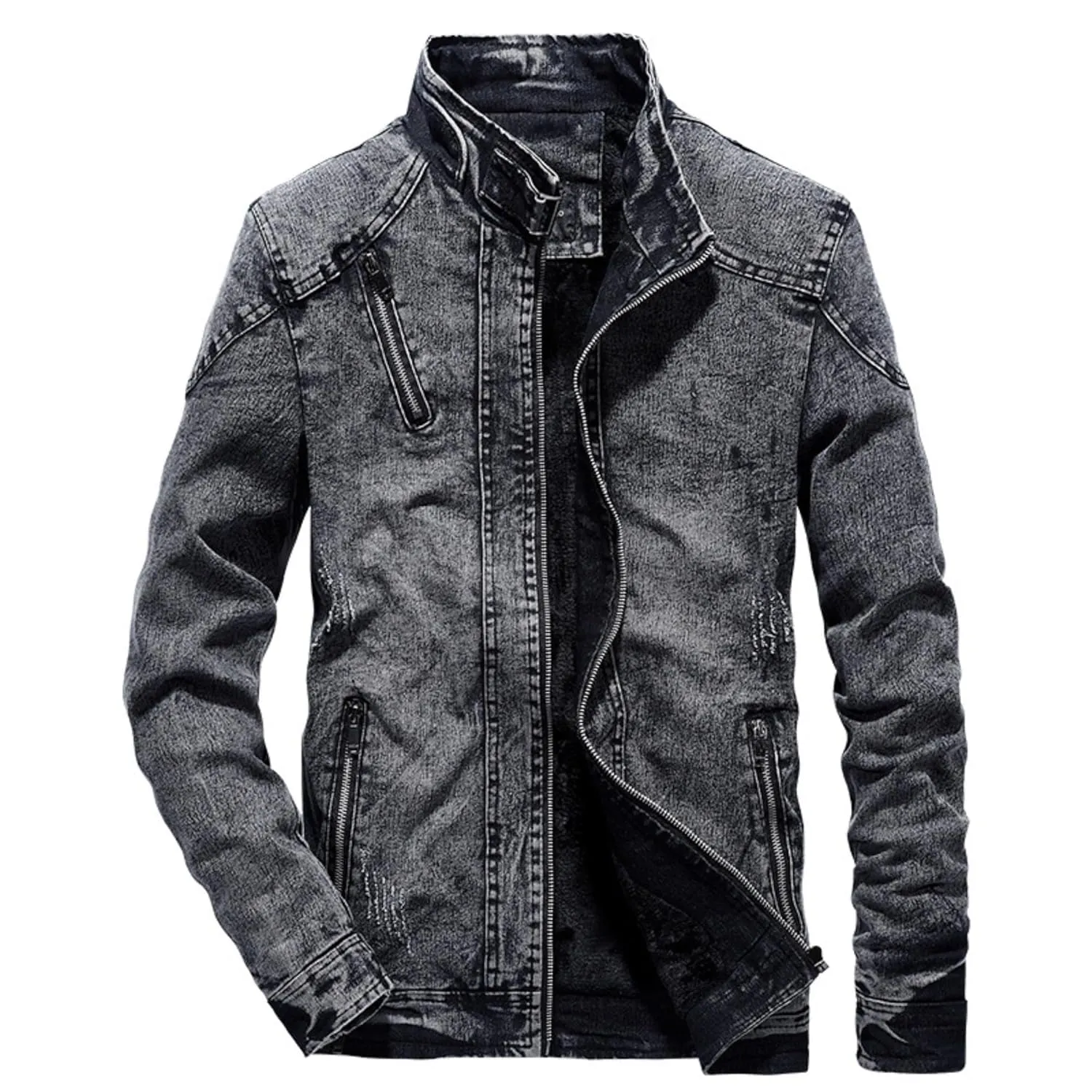 Maiyifu-GJ Men's Winter Stand Collar Distressed Jean Jacket Fleece Lined Denim Jacket Slim Fit Zipper Warm Moto Trucker Coat (BlackA1,XX-Large)