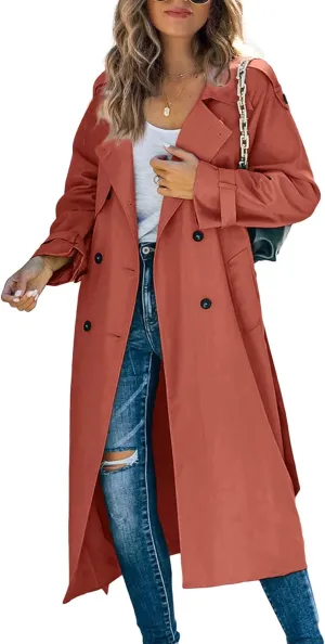 Makkrom Women's Double Breasted Long Trench Coat Windproof Classic Lapel Slim Overcoat with Belt