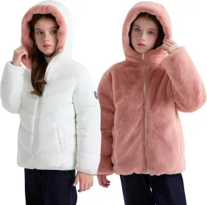 maoo garden Girls Winter Reversible Puffer Jacket Kids Heavyweight Faux-Down Fuzzy Fleece Lined Water-Resistant Coat