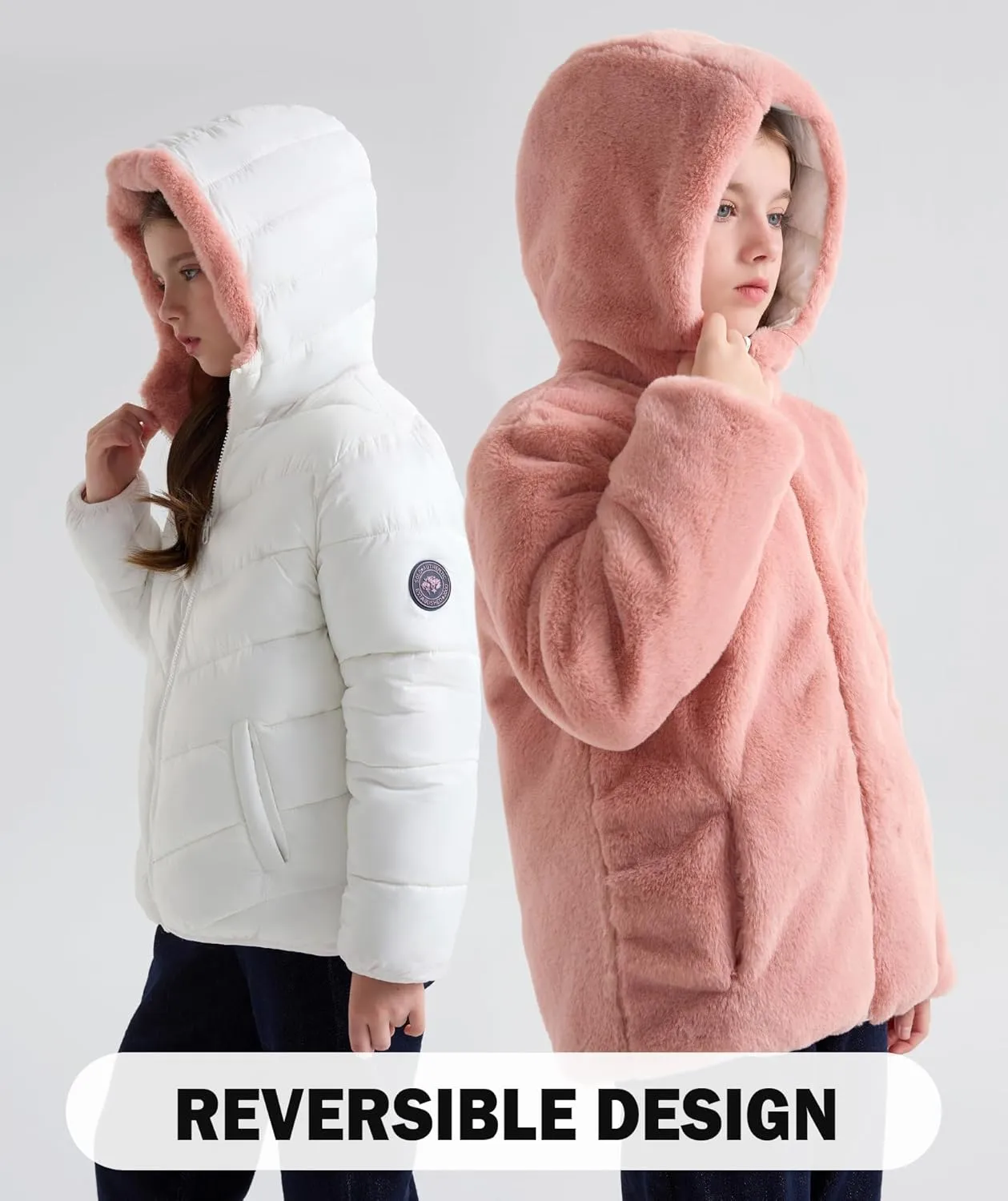 maoo garden Girls Winter Reversible Puffer Jacket Kids Heavyweight Faux-Down Fuzzy Fleece Lined Water-Resistant Coat