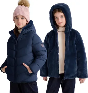 maoo garden Girls Winter Reversible Puffer Jacket Kids Heavyweight Faux-Down Fuzzy Fleece Lined Water-Resistant Coat