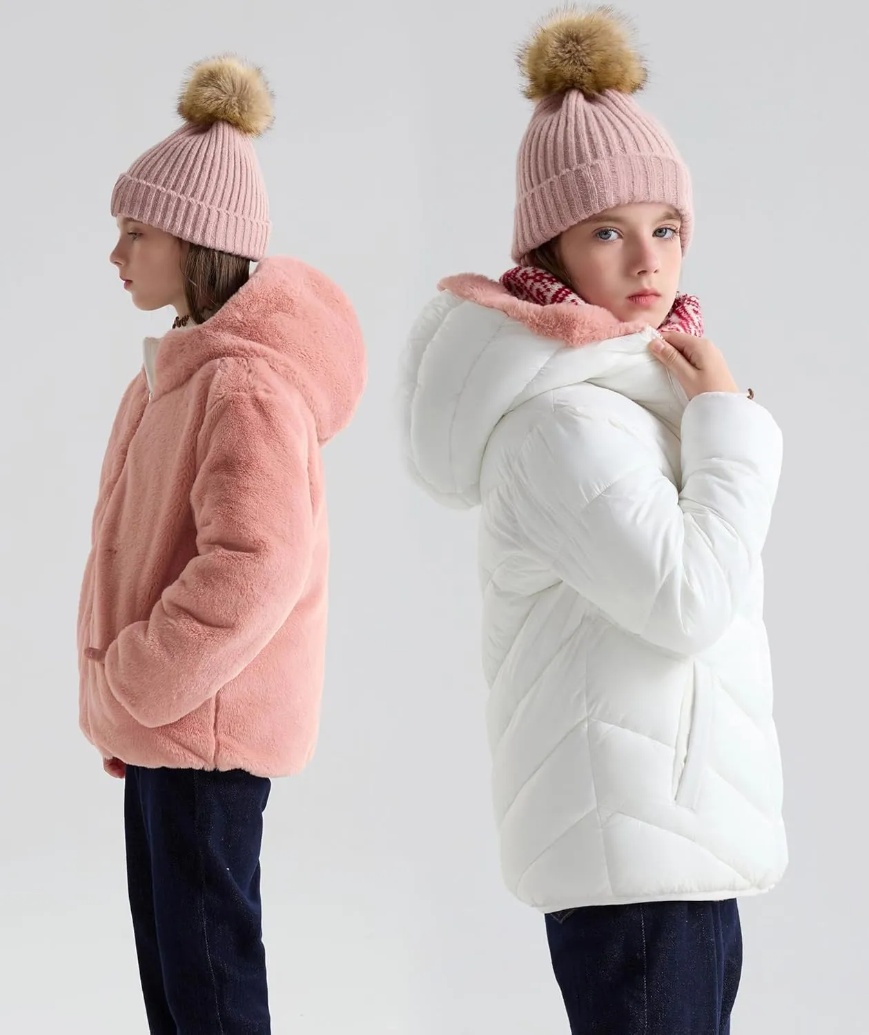 maoo garden Girls Winter Reversible Puffer Jacket Kids Heavyweight Faux-Down Fuzzy Fleece Lined Water-Resistant Coat