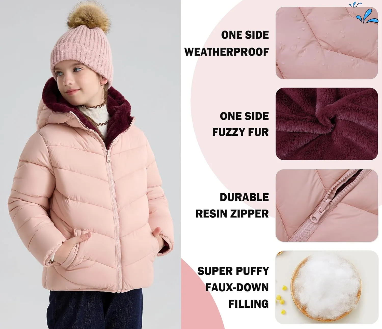 maoo garden Girls Winter Reversible Puffer Jacket Kids Heavyweight Faux-Down Fuzzy Fleece Lined Water-Resistant Coat