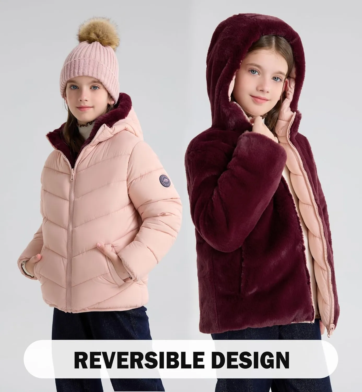 maoo garden Girls Winter Reversible Puffer Jacket Kids Heavyweight Faux-Down Fuzzy Fleece Lined Water-Resistant Coat