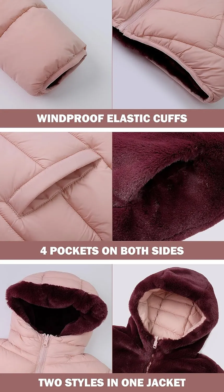 maoo garden Girls Winter Reversible Puffer Jacket Kids Heavyweight Faux-Down Fuzzy Fleece Lined Water-Resistant Coat