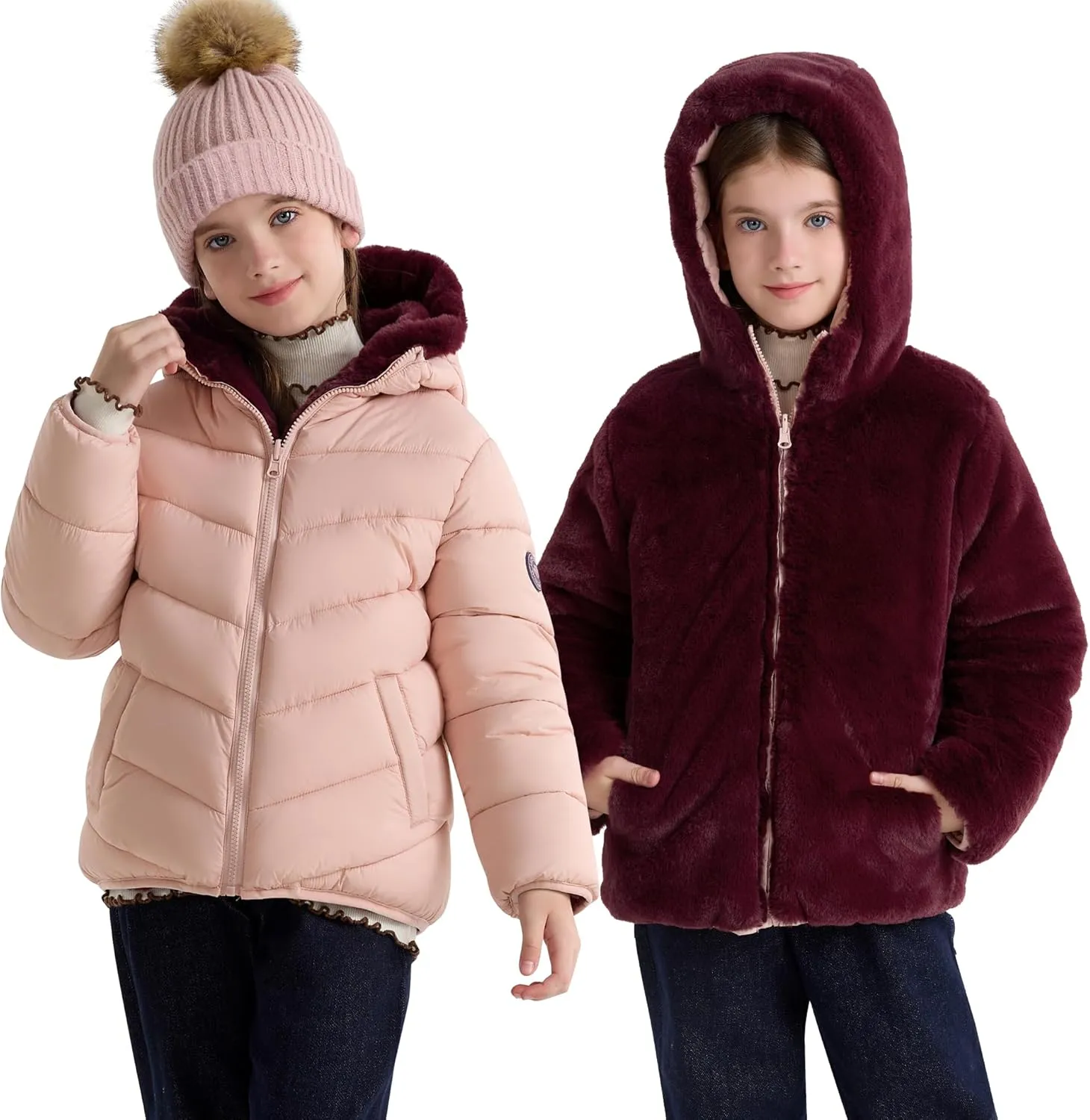 maoo garden Girls Winter Reversible Puffer Jacket Kids Heavyweight Faux-Down Fuzzy Fleece Lined Water-Resistant Coat