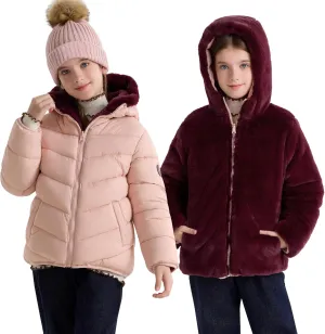 maoo garden Girls Winter Reversible Puffer Jacket Kids Heavyweight Faux-Down Fuzzy Fleece Lined Water-Resistant Coat