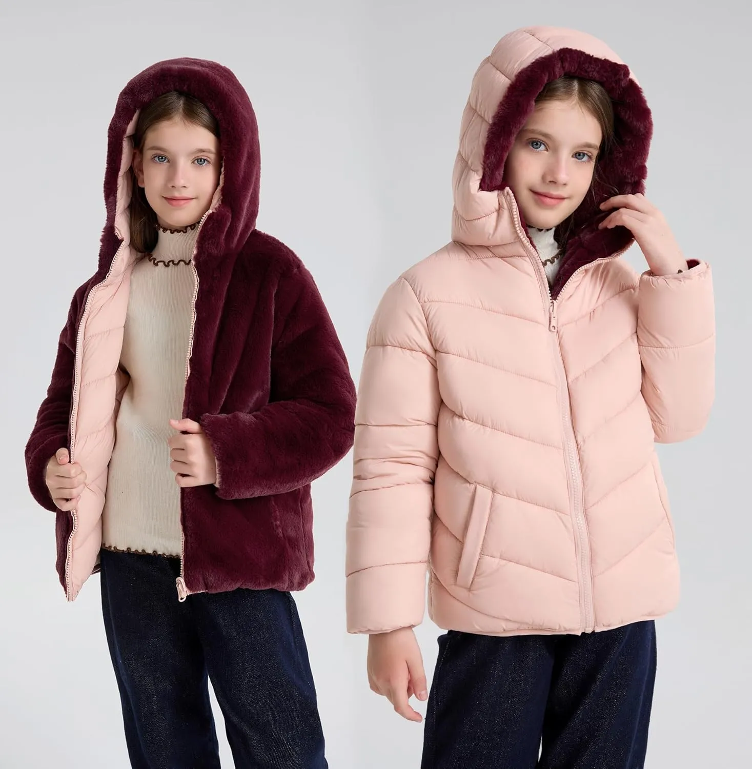 maoo garden Girls Winter Reversible Puffer Jacket Kids Heavyweight Faux-Down Fuzzy Fleece Lined Water-Resistant Coat