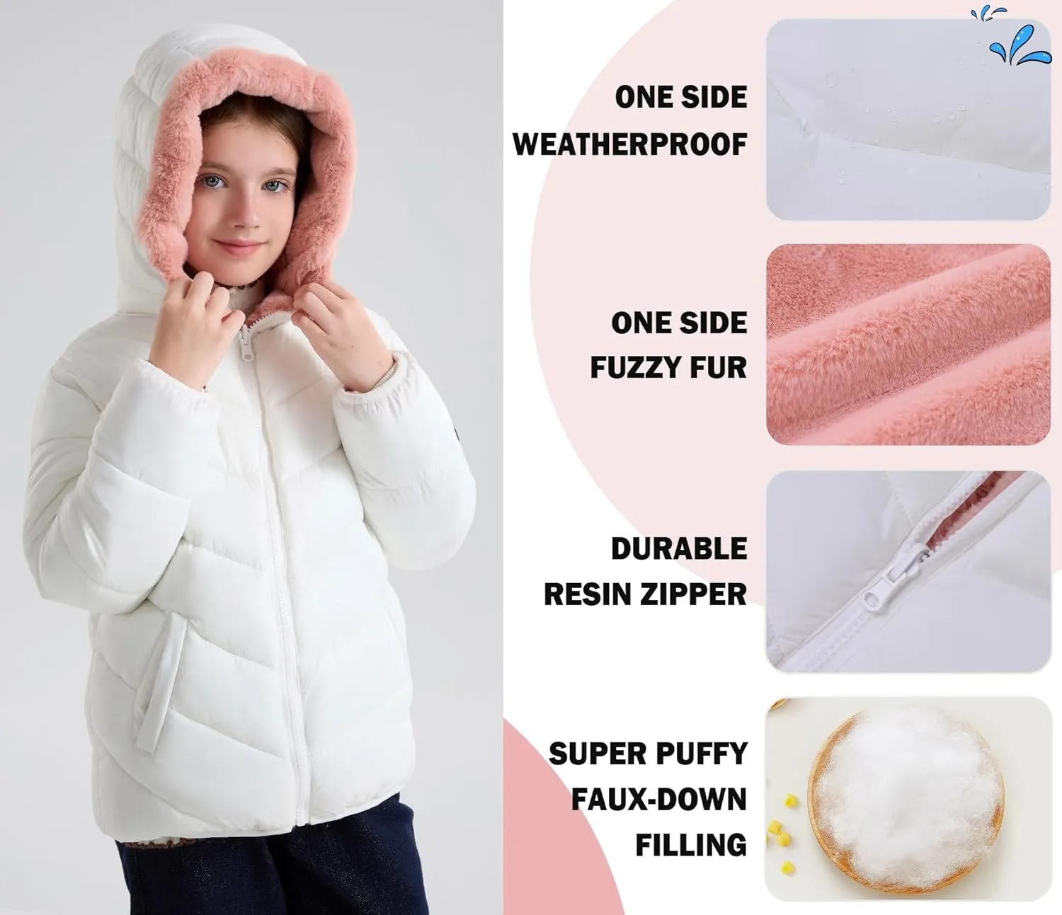maoo garden Girls Winter Reversible Puffer Jacket Kids Heavyweight Faux-Down Fuzzy Fleece Lined Water-Resistant Coat