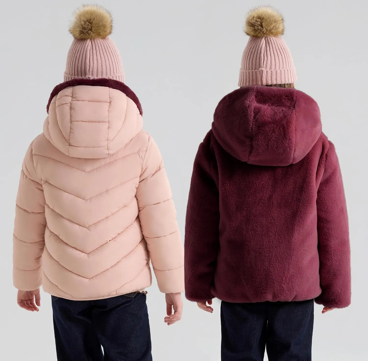 maoo garden Girls Winter Reversible Puffer Jacket Kids Heavyweight Faux-Down Fuzzy Fleece Lined Water-Resistant Coat