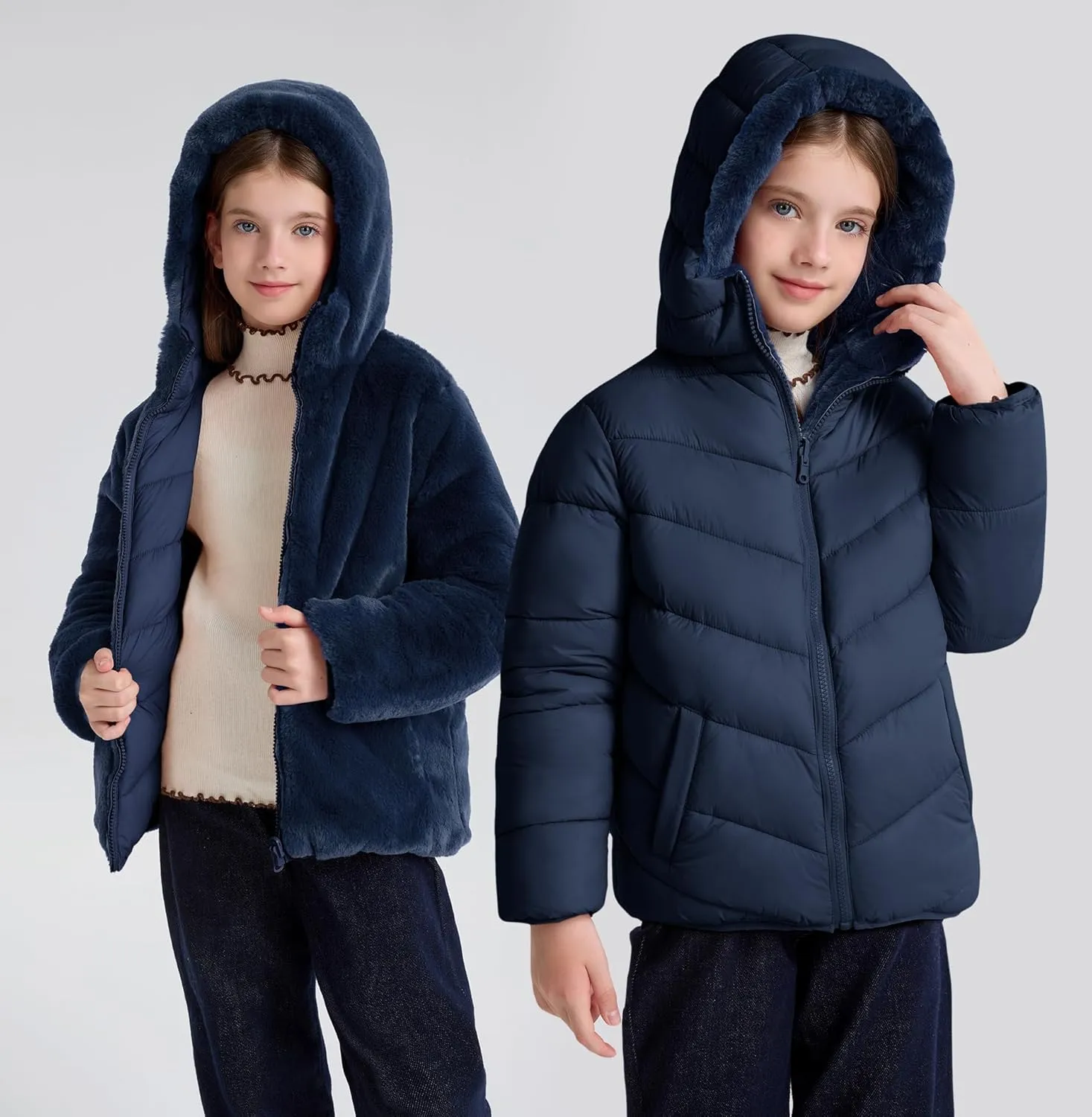 maoo garden Girls Winter Reversible Puffer Jacket Kids Heavyweight Faux-Down Fuzzy Fleece Lined Water-Resistant Coat