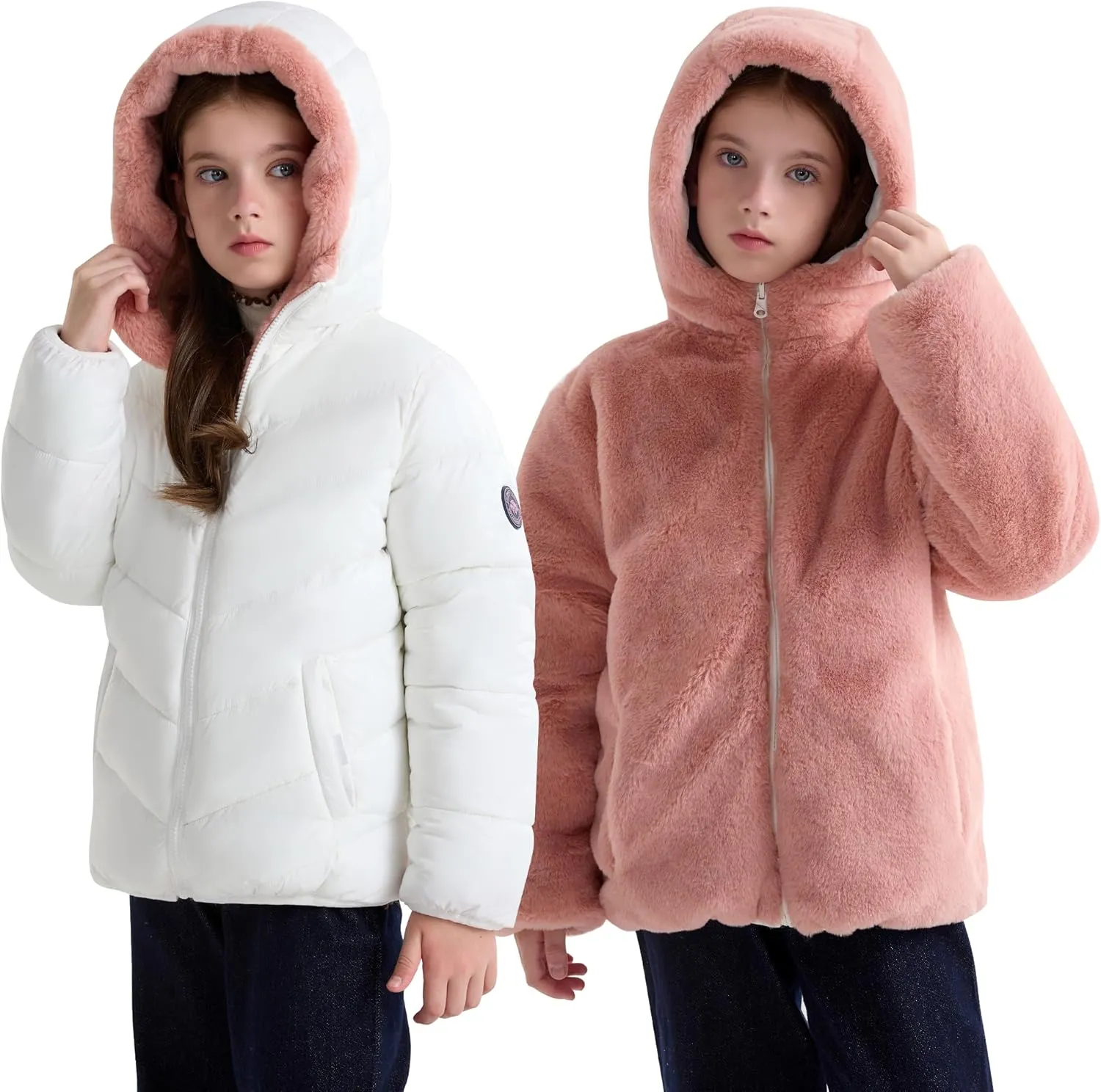 maoo garden Girls Winter Reversible Puffer Jacket Kids Heavyweight Faux-Down Fuzzy Fleece Lined Water-Resistant Coat
