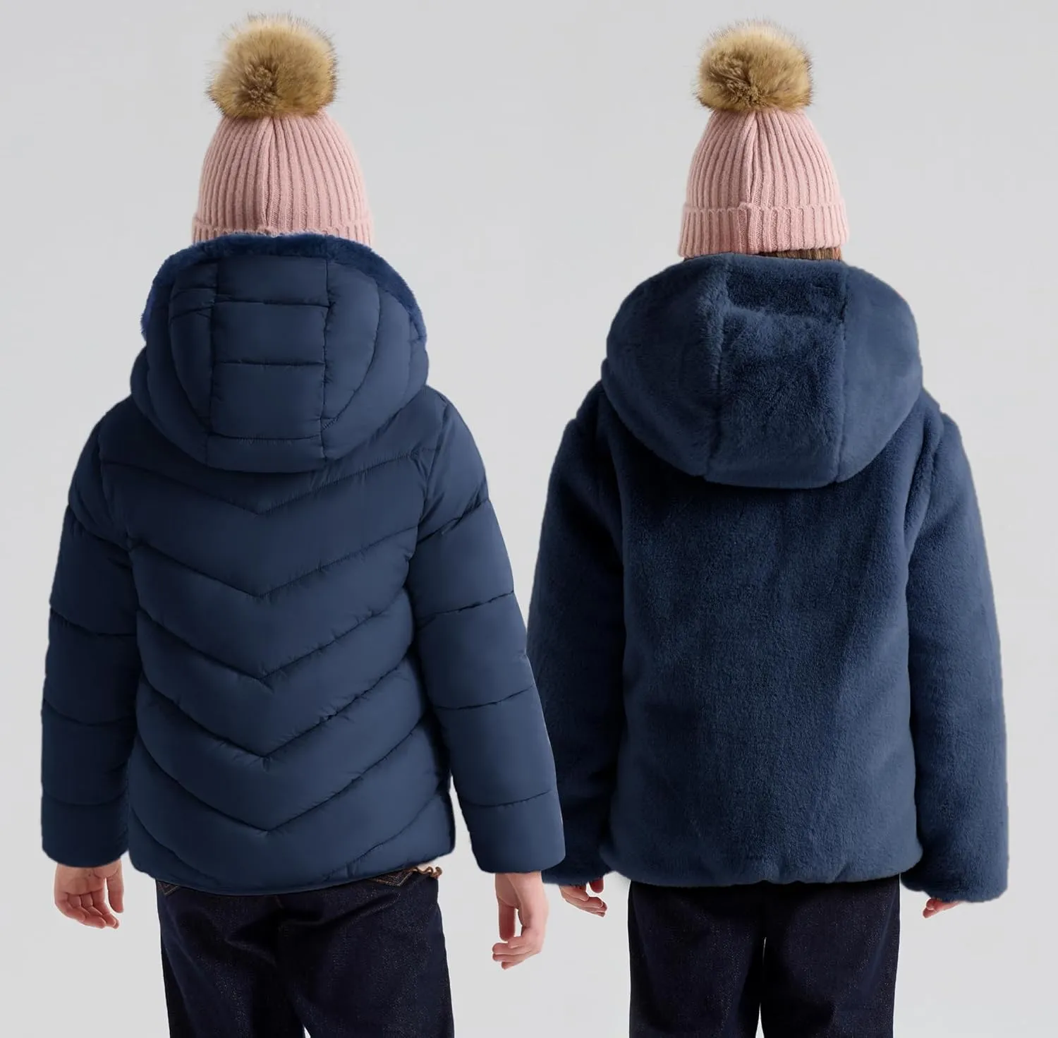 maoo garden Girls Winter Reversible Puffer Jacket Kids Heavyweight Faux-Down Fuzzy Fleece Lined Water-Resistant Coat