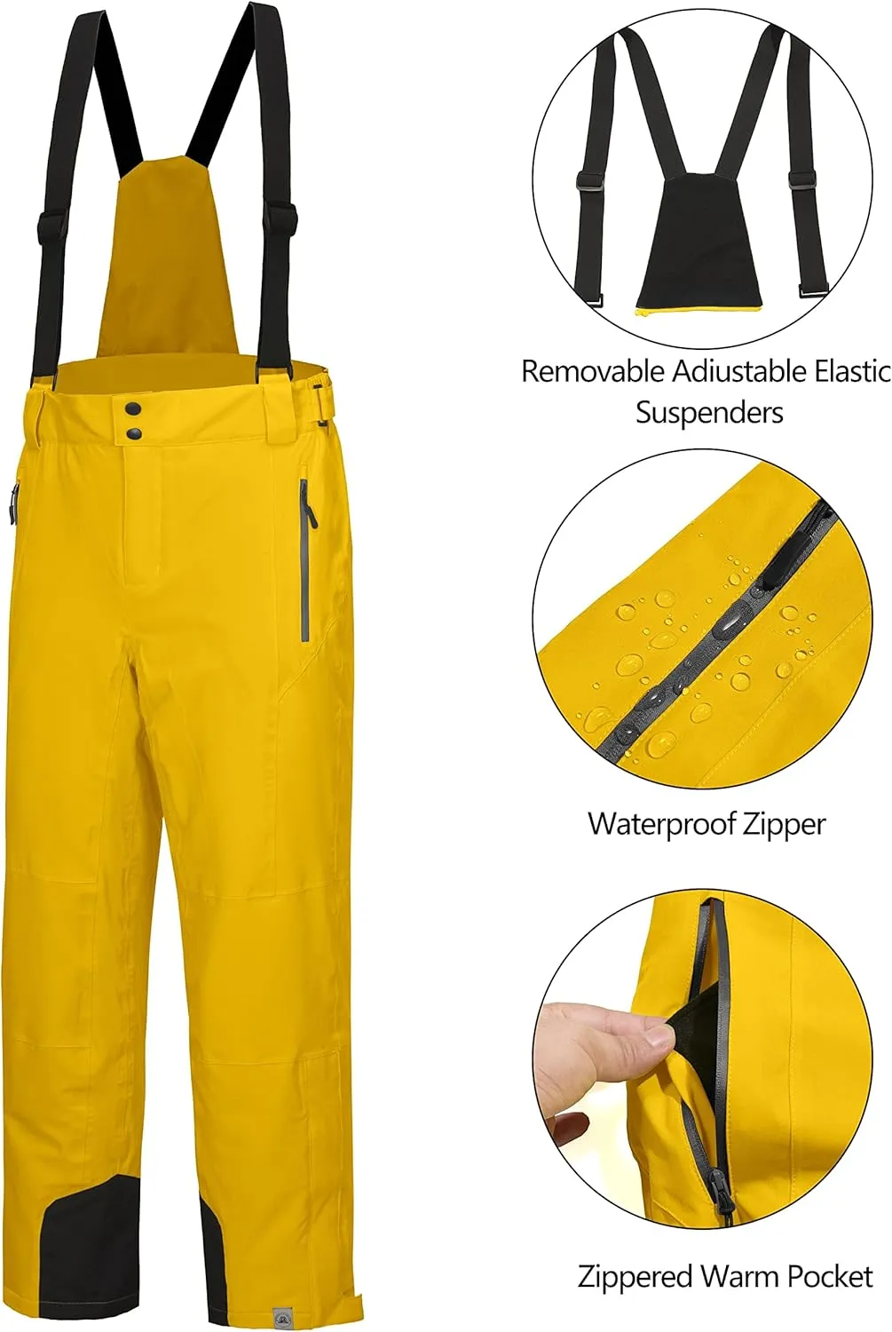 Mapamyumco Men's Snow Insulated Ski Bib Pants, Waterproof Windproof Snowboard Hiking Pants with Detachable Suspenders