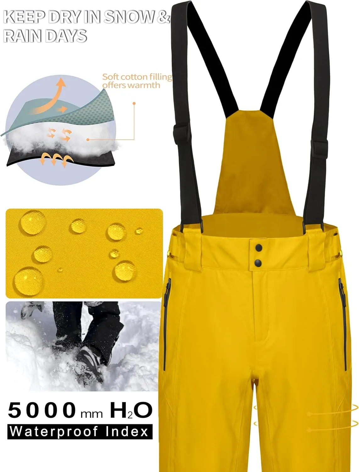 Mapamyumco Men's Snow Insulated Ski Bib Pants, Waterproof Windproof Snowboard Hiking Pants with Detachable Suspenders