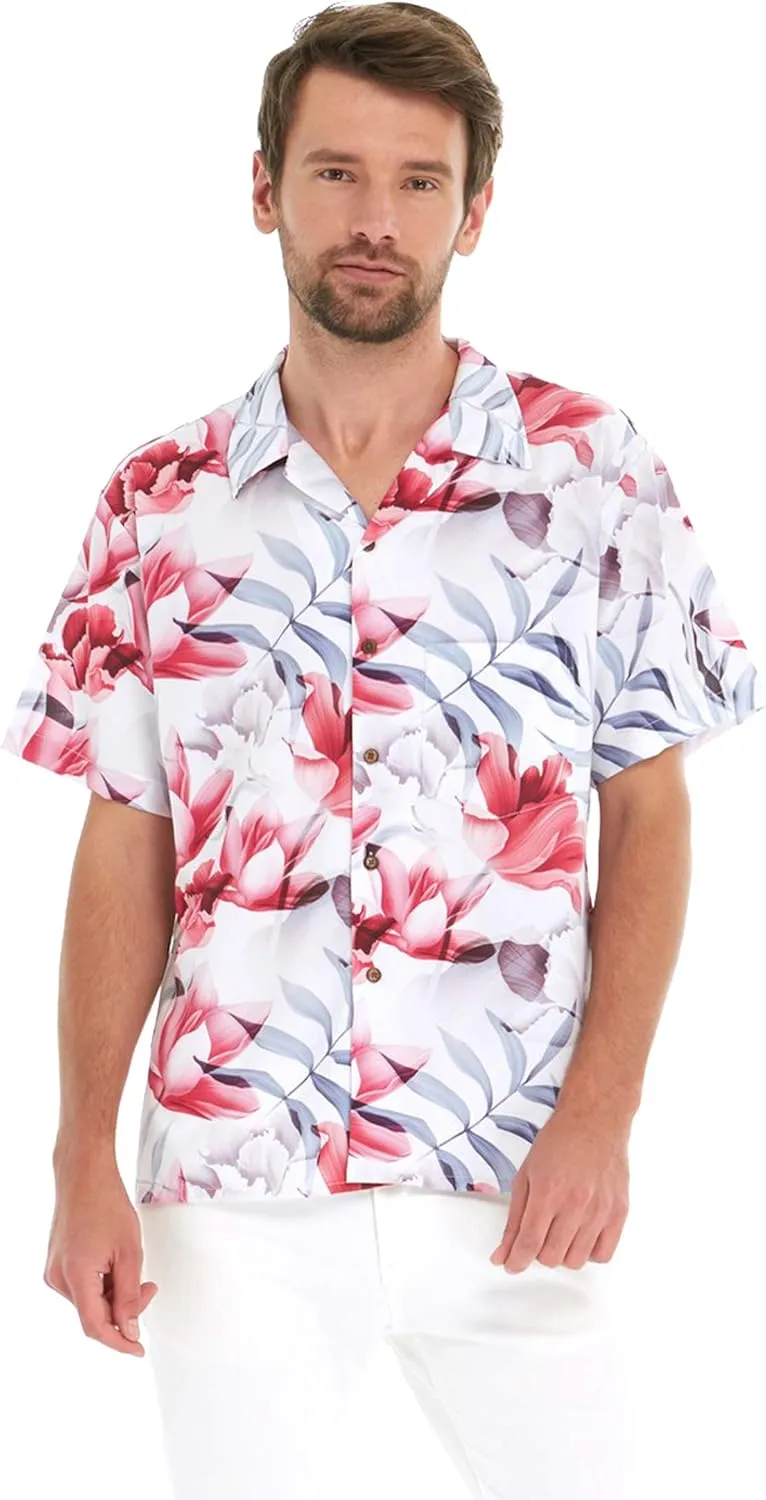 Matchable Couple Hawaiian Luau Shirt or Sweetheart Maxi Dress in Misty Lotus Whtie