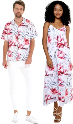 Matchable Couple Hawaiian Luau Shirt or Sweetheart Maxi Dress in Misty Lotus Whtie
