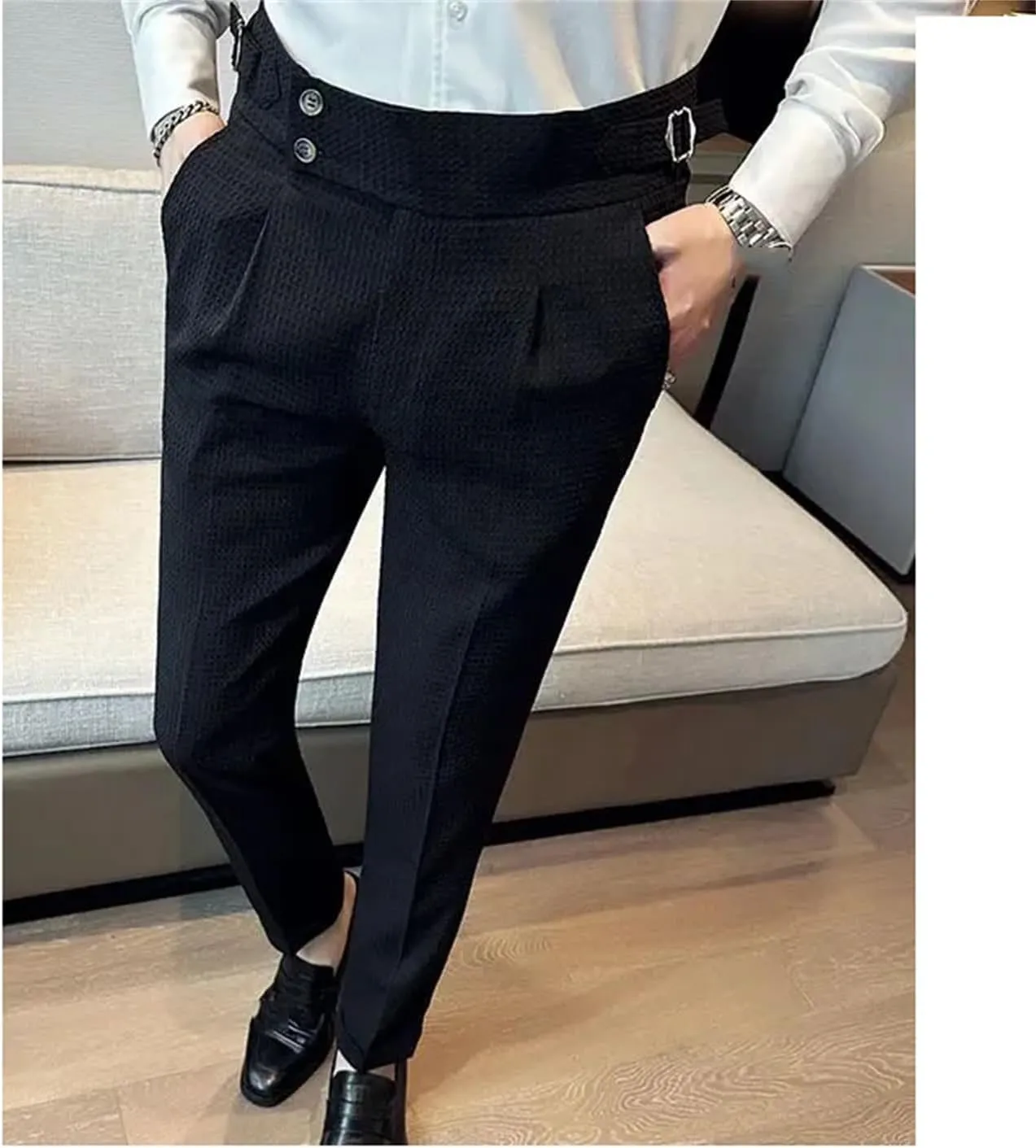 Men Business High Waisted Straight Leg Slim Fit Casual Pants Solid Color Suit Pants