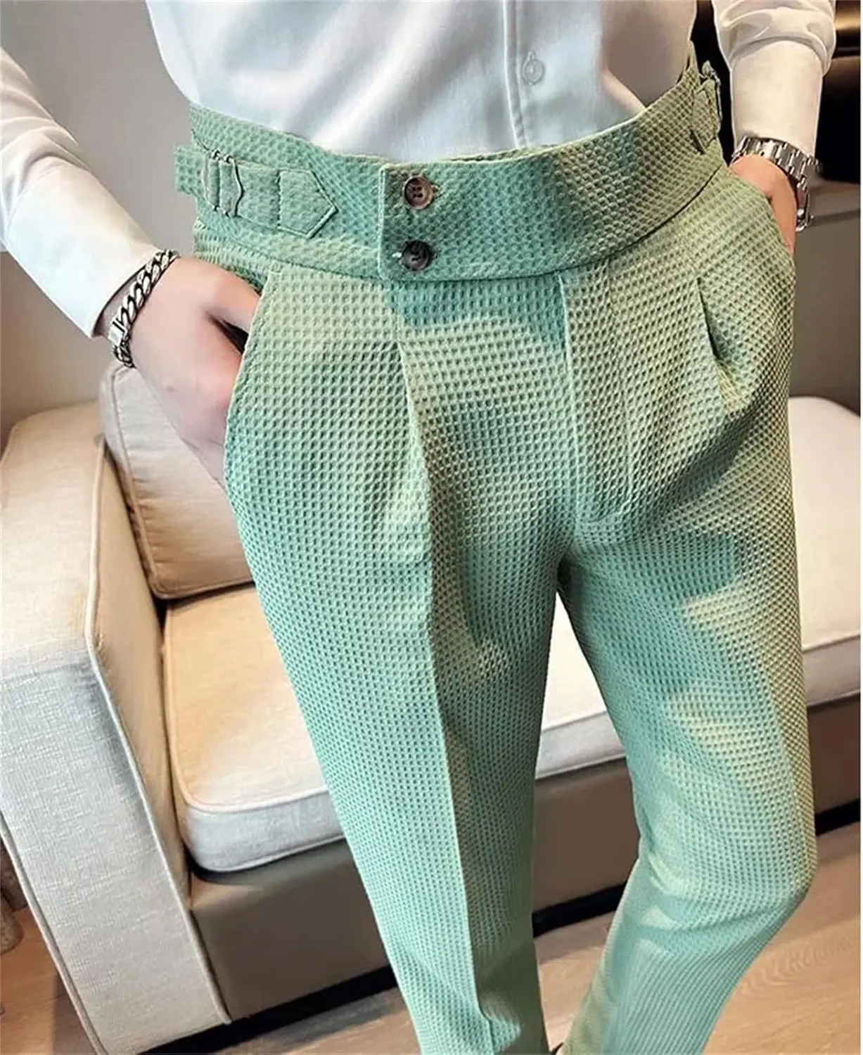 Men Business High Waisted Straight Leg Slim Fit Casual Pants Solid Color Suit Pants