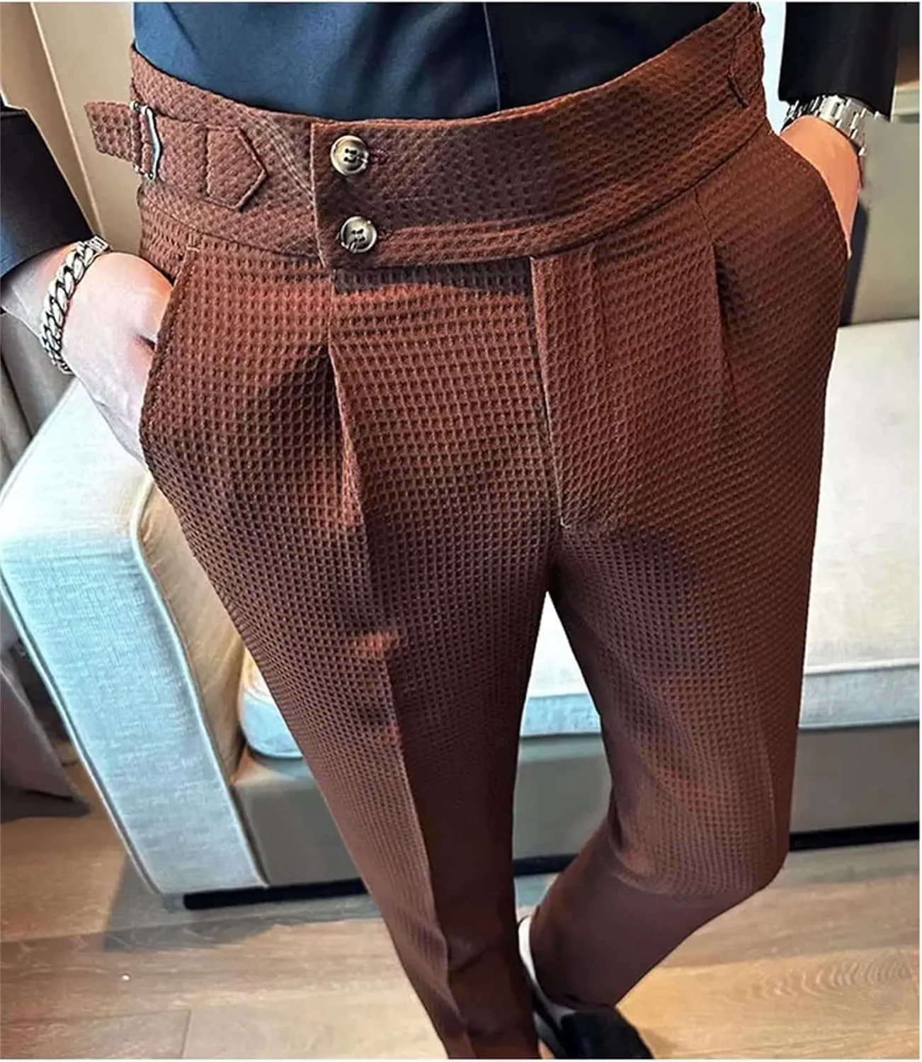 Men Business High Waisted Straight Leg Slim Fit Casual Pants Solid Color Suit Pants