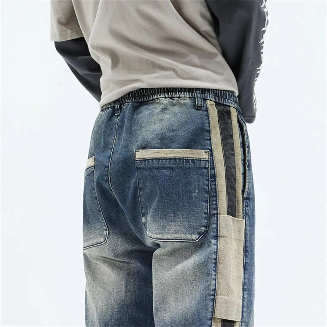 Men Jeans Loose Fit Elastic Waist Streetwear Male Harem Pants Patchwork Jogger Pants