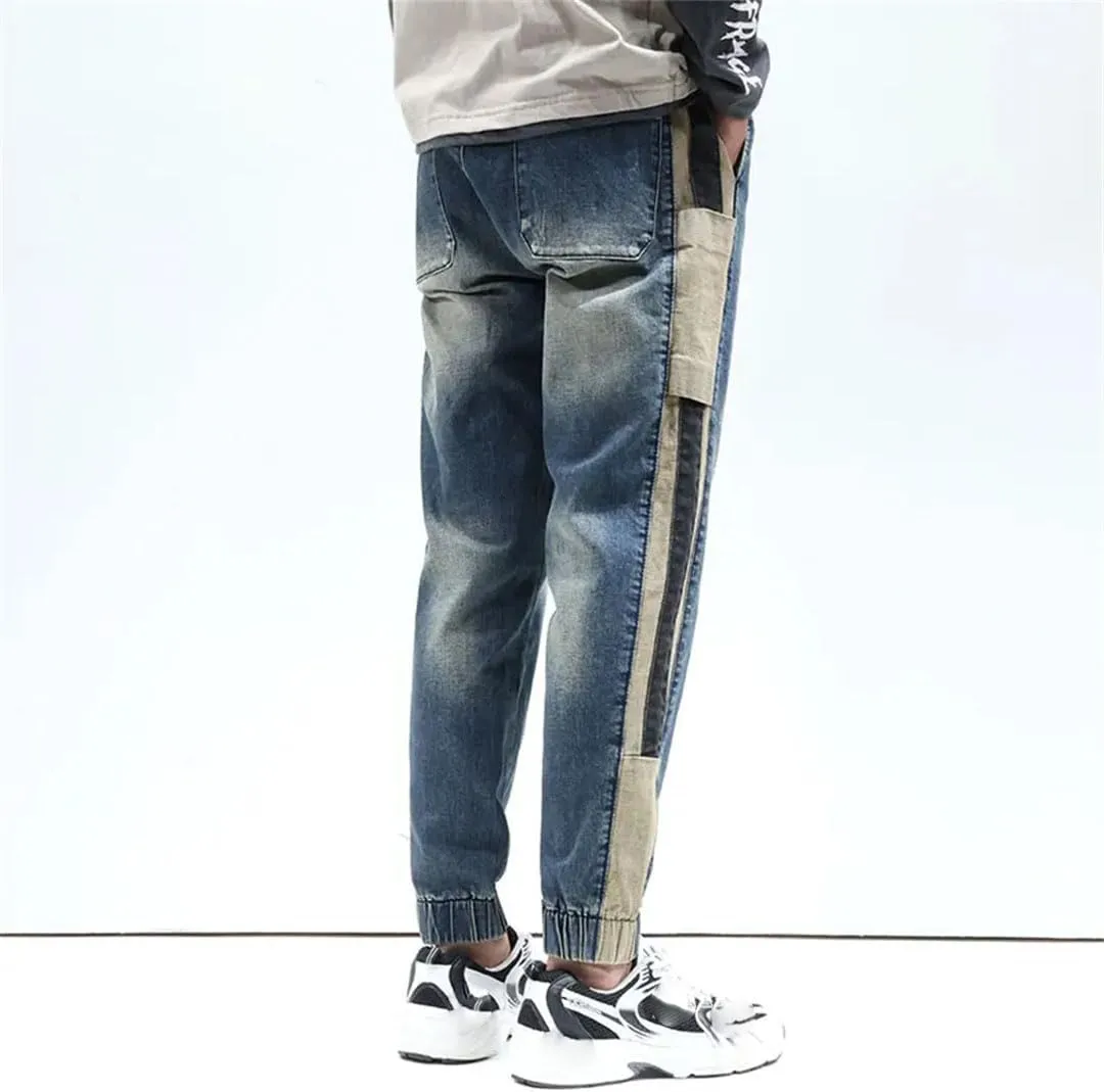 Men Jeans Loose Fit Elastic Waist Streetwear Male Harem Pants Patchwork Jogger Pants