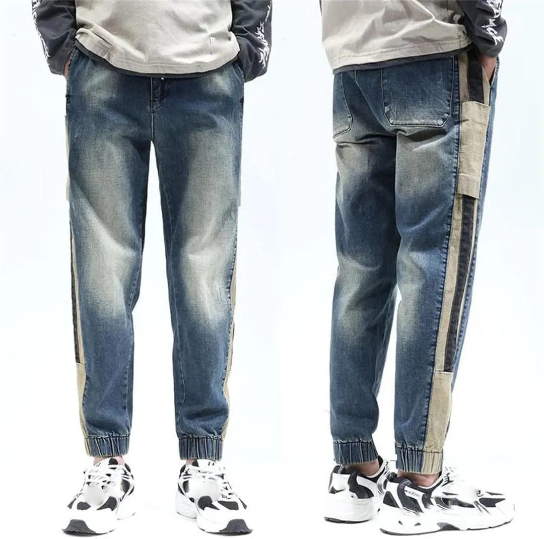 Men Jeans Loose Fit Elastic Waist Streetwear Male Harem Pants Patchwork Jogger Pants