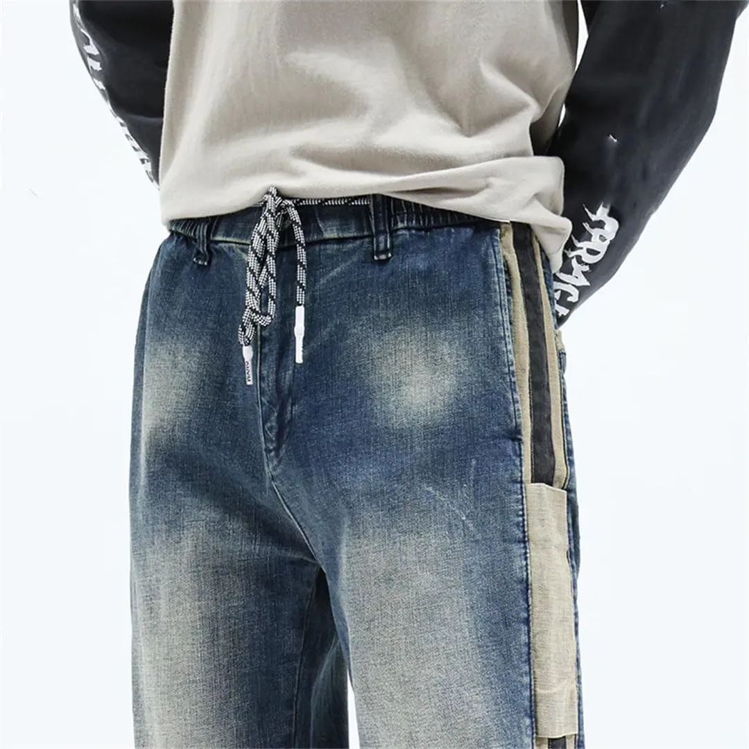 Men Jeans Loose Fit Elastic Waist Streetwear Male Harem Pants Patchwork Jogger Pants