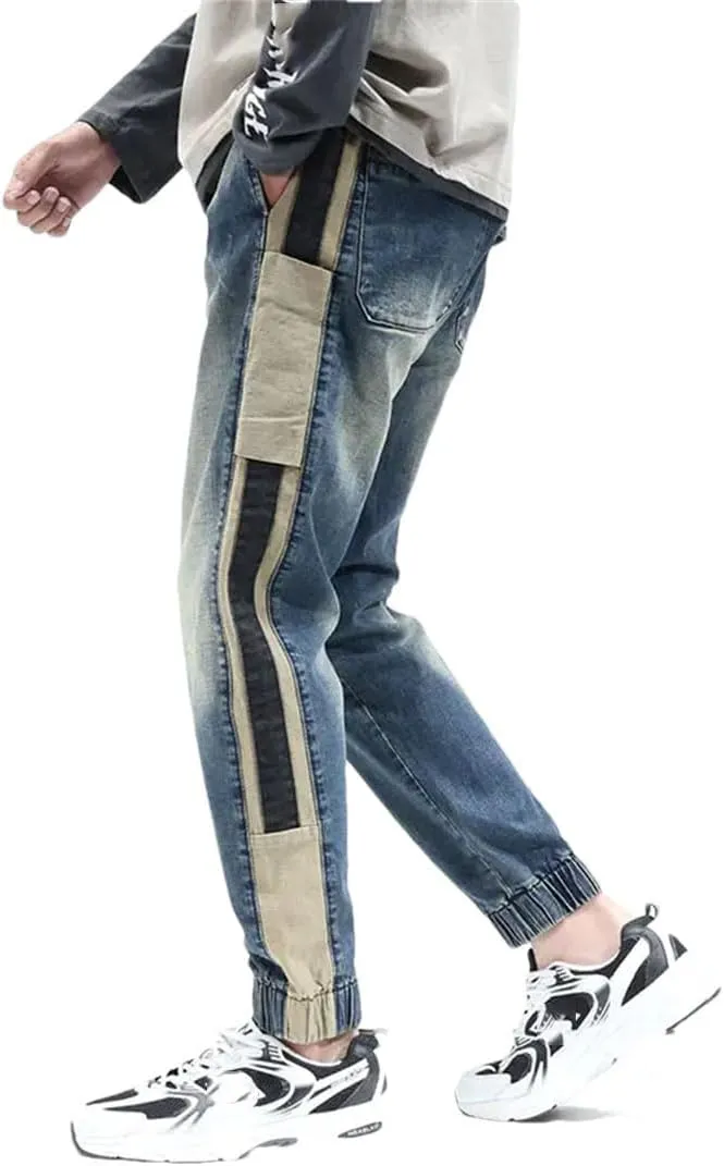 Men Jeans Loose Fit Elastic Waist Streetwear Male Harem Pants Patchwork Jogger Pants