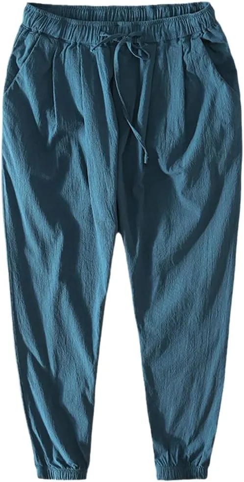 Men Summer Thin Harem Pants Cotton Made Drawstring Retro Cargo Trousers GN
