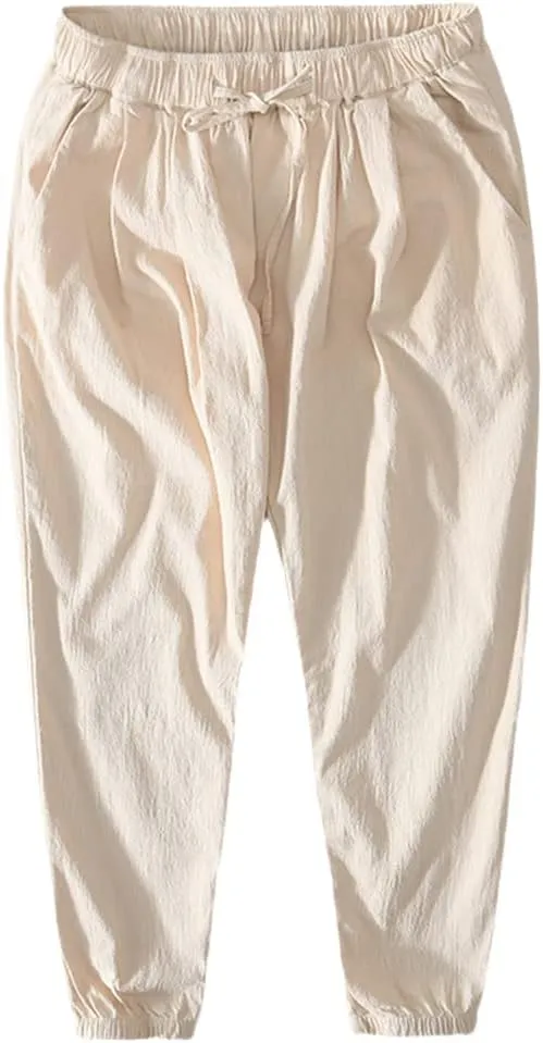 Men Summer Thin Harem Pants Cotton Made Drawstring Retro Cargo Trousers GN
