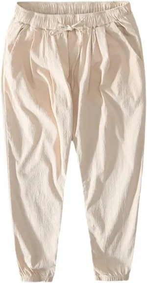 Men Summer Thin Harem Pants Cotton Made Drawstring Retro Cargo Trousers GN