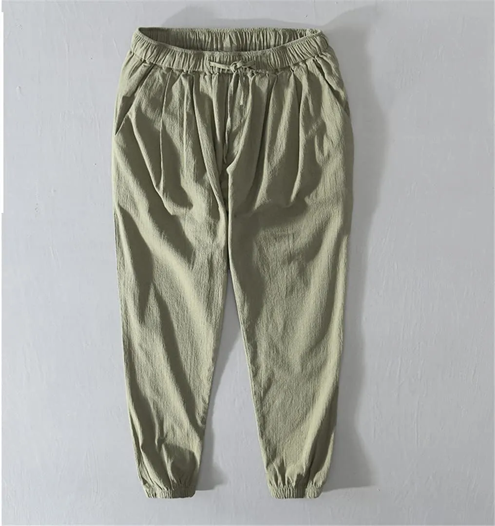 Men Summer Thin Harem Pants Cotton Made Drawstring Retro Cargo Trousers GN