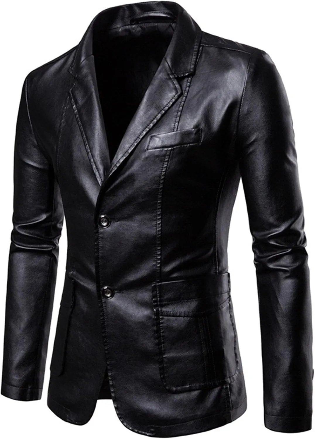 Men's 2 Button Leather Blazer Sport Coat Casual Notched Collar Suit Jacket Slim Formal Faux Leather Blazer Jacket