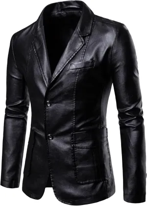 Men's 2 Button Leather Blazer Sport Coat Casual Notched Collar Suit Jacket Slim Formal Faux Leather Blazer Jacket