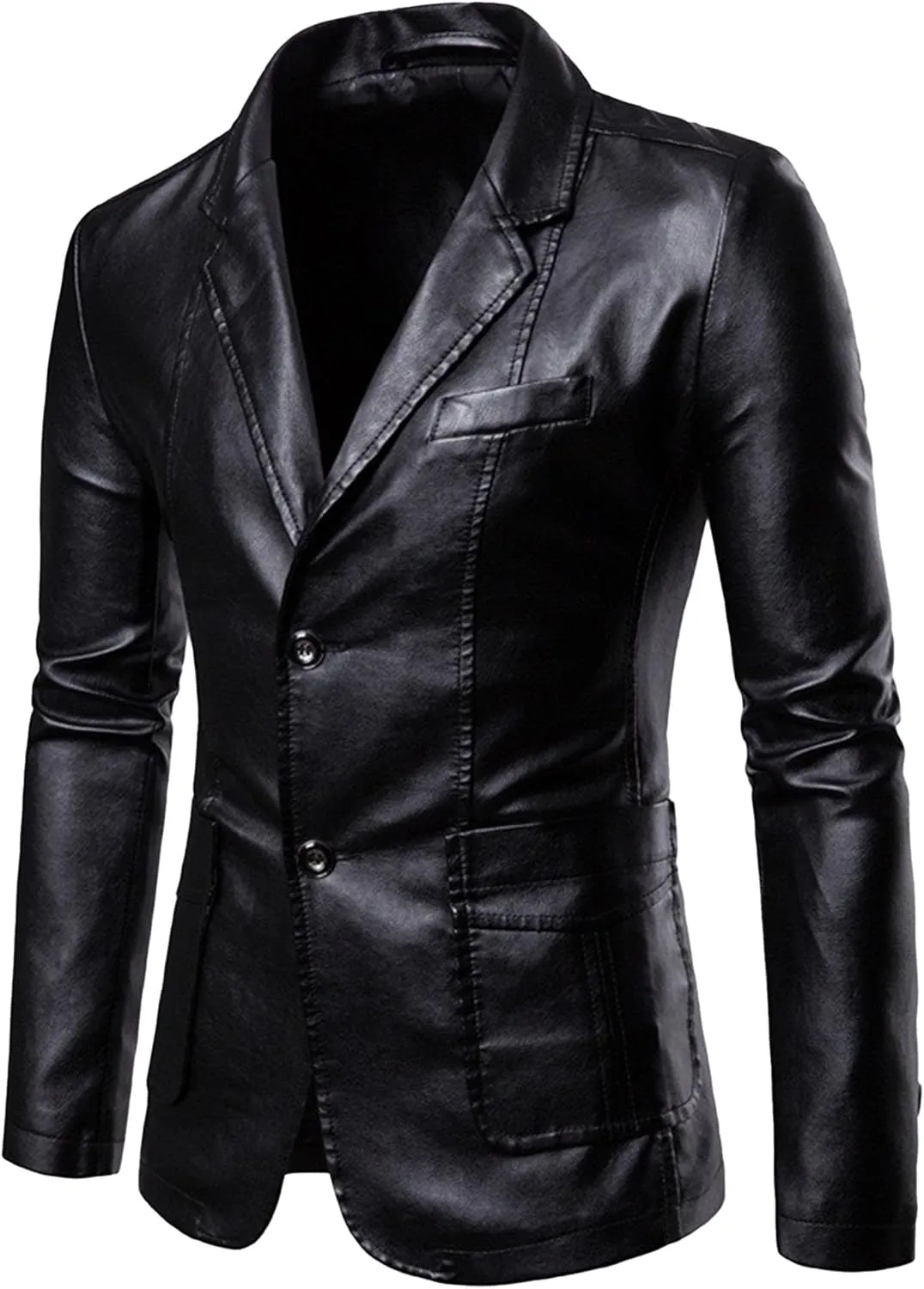 Men's 2 Button Leather Blazer Sport Coat Casual Notched Collar Suit Jacket Slim Formal Faux Leather Blazer Jacket