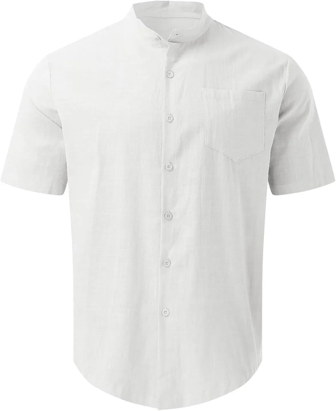Mens Banded Collar Cotton Linen Shirts, Casual Short Sleeve Button Down Shirts Slim Fit Summer Beach Tops with Pocket