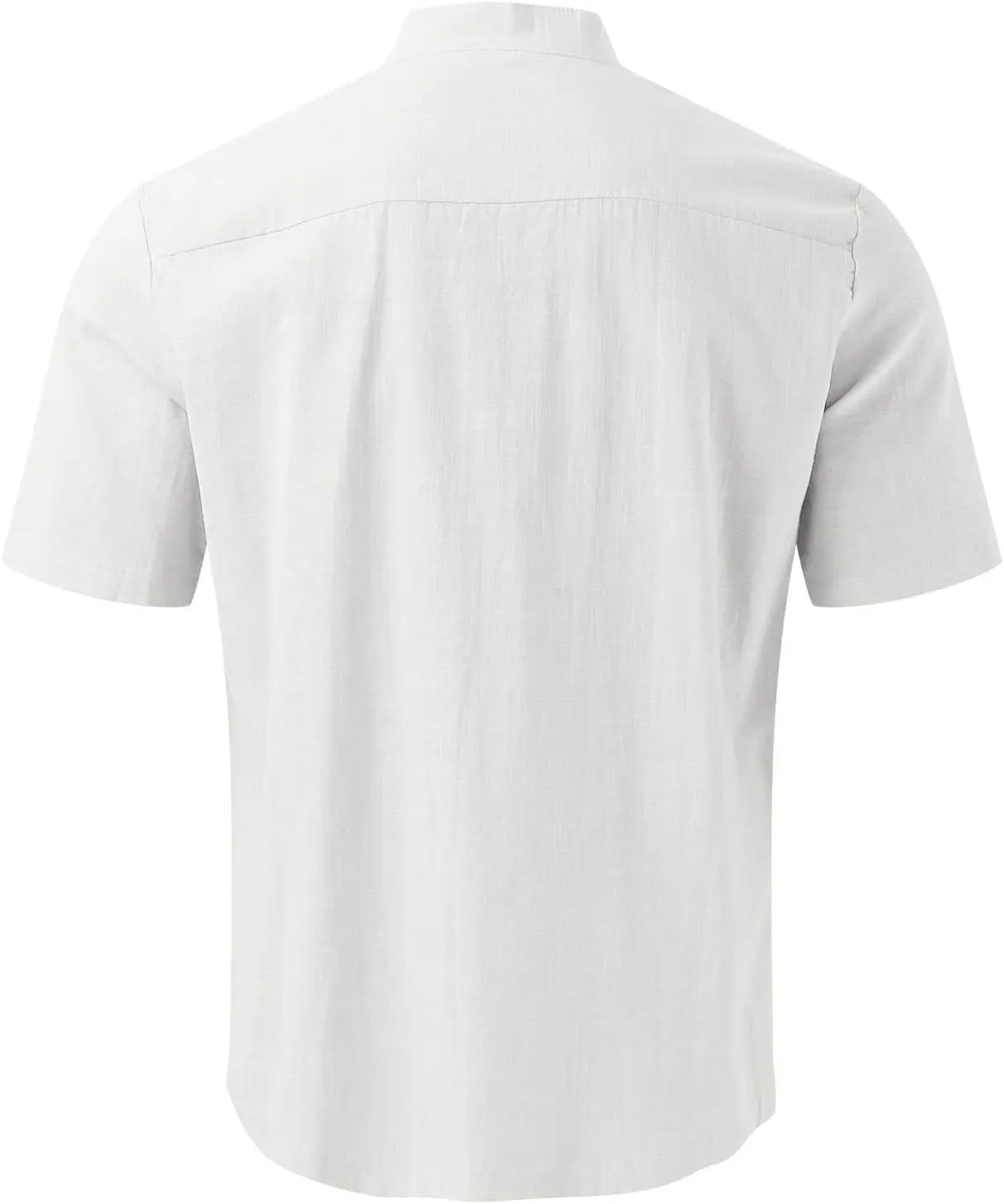 Mens Banded Collar Cotton Linen Shirts, Casual Short Sleeve Button Down Shirts Slim Fit Summer Beach Tops with Pocket