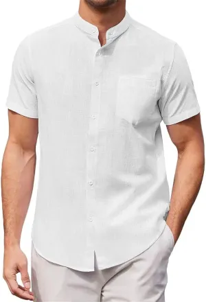 Mens Banded Collar Cotton Linen Shirts, Casual Short Sleeve Button Down Shirts Slim Fit Summer Beach Tops with Pocket