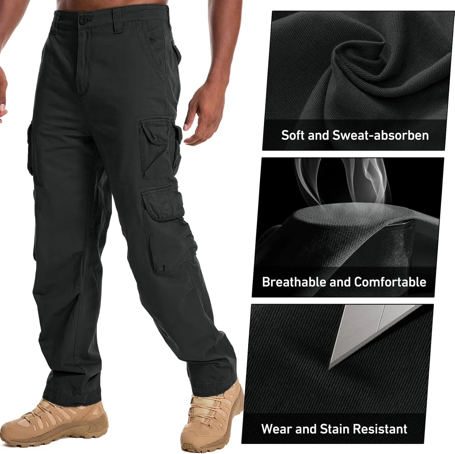 Men's Cargo Pants Cotton Ripstop Hiking Work Pants Comfort Casual Outdoor Pants with Multi Pockets