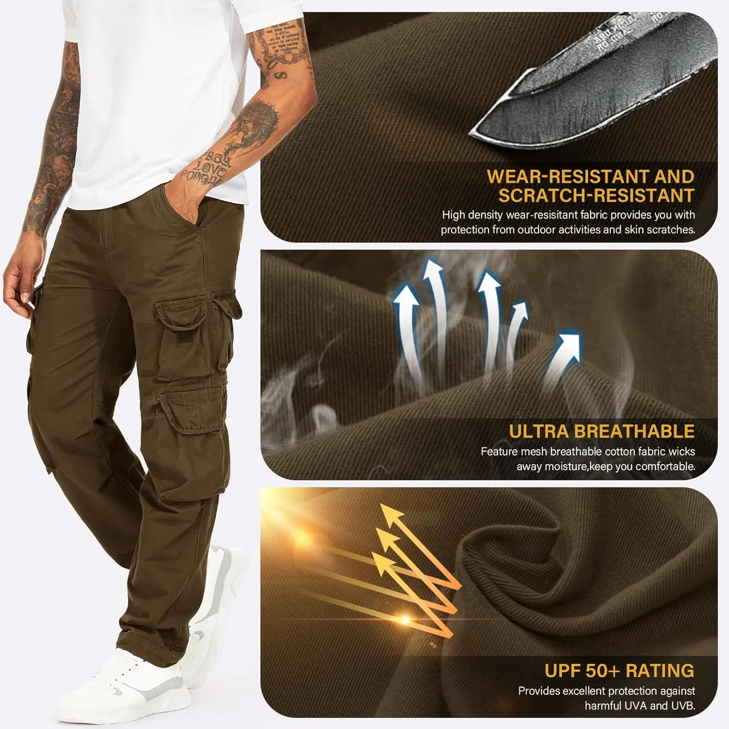 Men's Cargo Pants Cotton Ripstop Hiking Work Pants Comfort Casual Outdoor Pants with Multi Pockets
