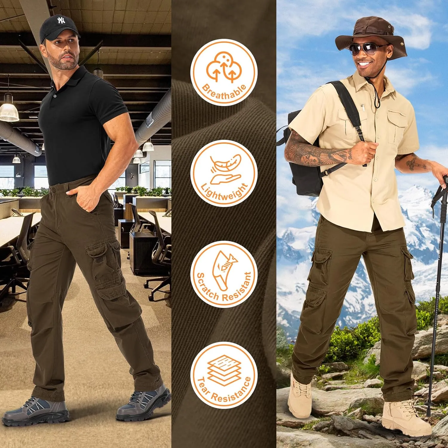 Men's Cargo Pants Cotton Ripstop Hiking Work Pants Comfort Casual Outdoor Pants with Multi Pockets