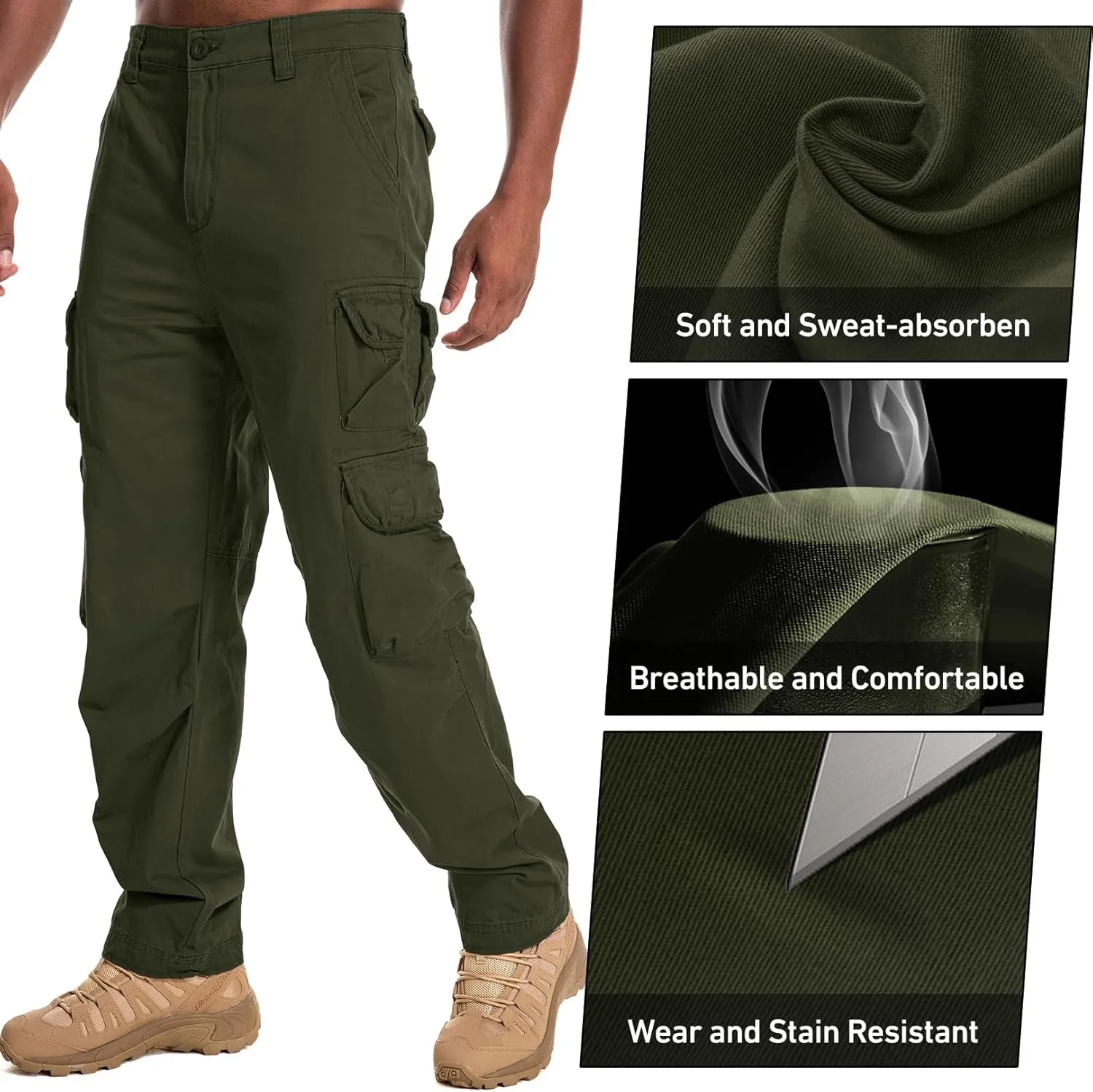 Men's Cargo Pants Cotton Ripstop Hiking Work Pants Comfort Casual Outdoor Pants with Multi Pockets