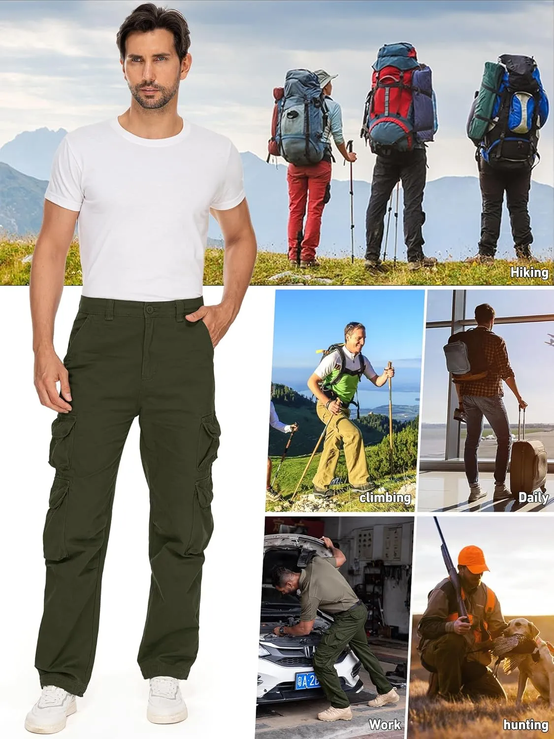 Men's Cargo Pants Cotton Ripstop Hiking Work Pants Comfort Casual Outdoor Pants with Multi Pockets
