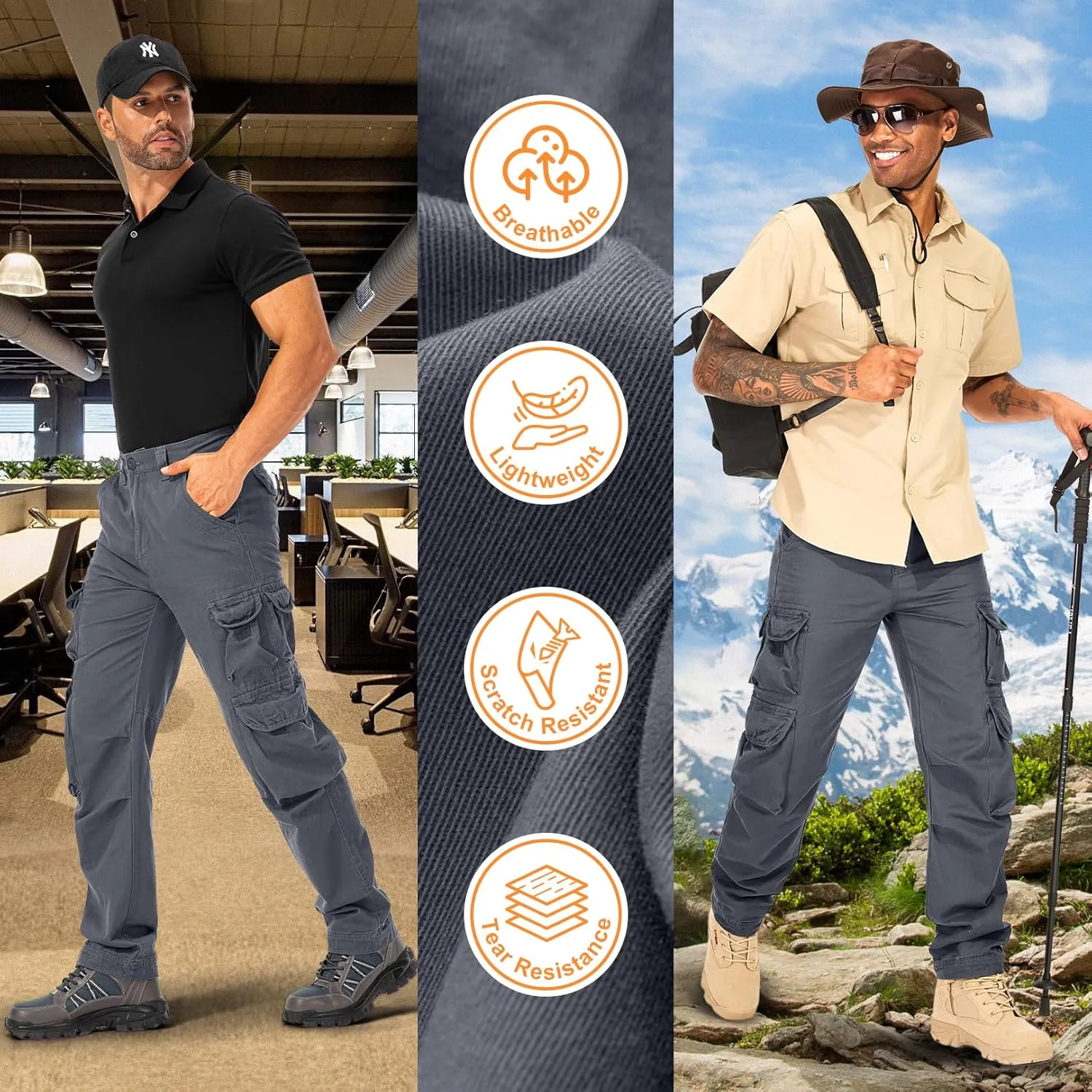 Men's Cargo Pants Cotton Ripstop Hiking Work Pants Comfort Casual Outdoor Pants with Multi Pockets
