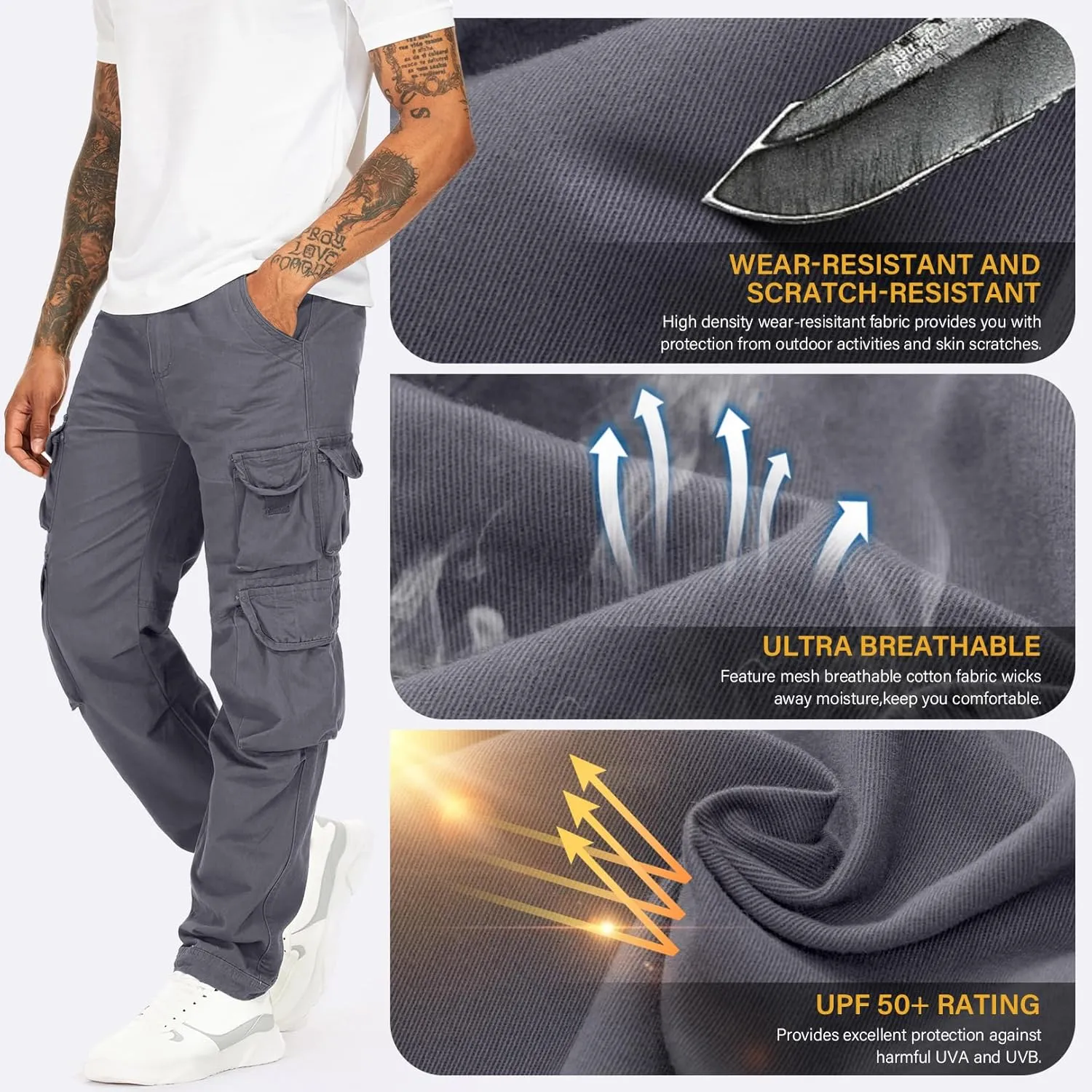 Men's Cargo Pants Cotton Ripstop Hiking Work Pants Comfort Casual Outdoor Pants with Multi Pockets