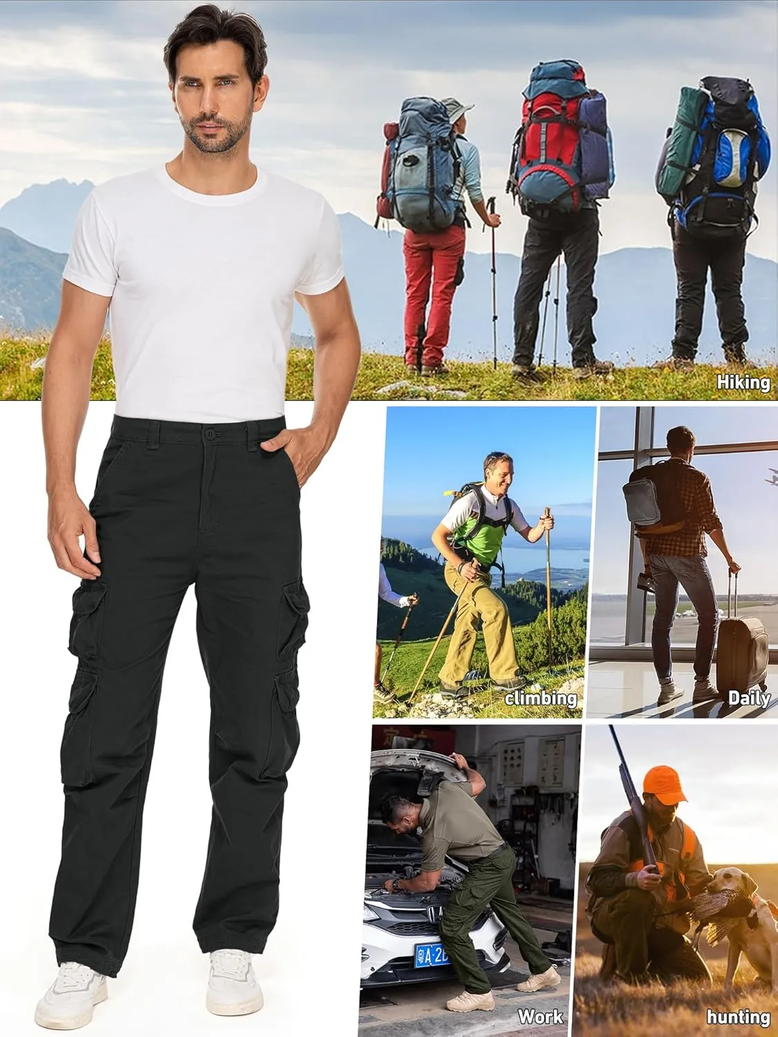 Men's Cargo Pants Cotton Ripstop Hiking Work Pants Comfort Casual Outdoor Pants with Multi Pockets